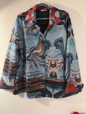 Kamana Statement Jacket Psychedelic Blue Print Honeycomb Textured Boho Style XL